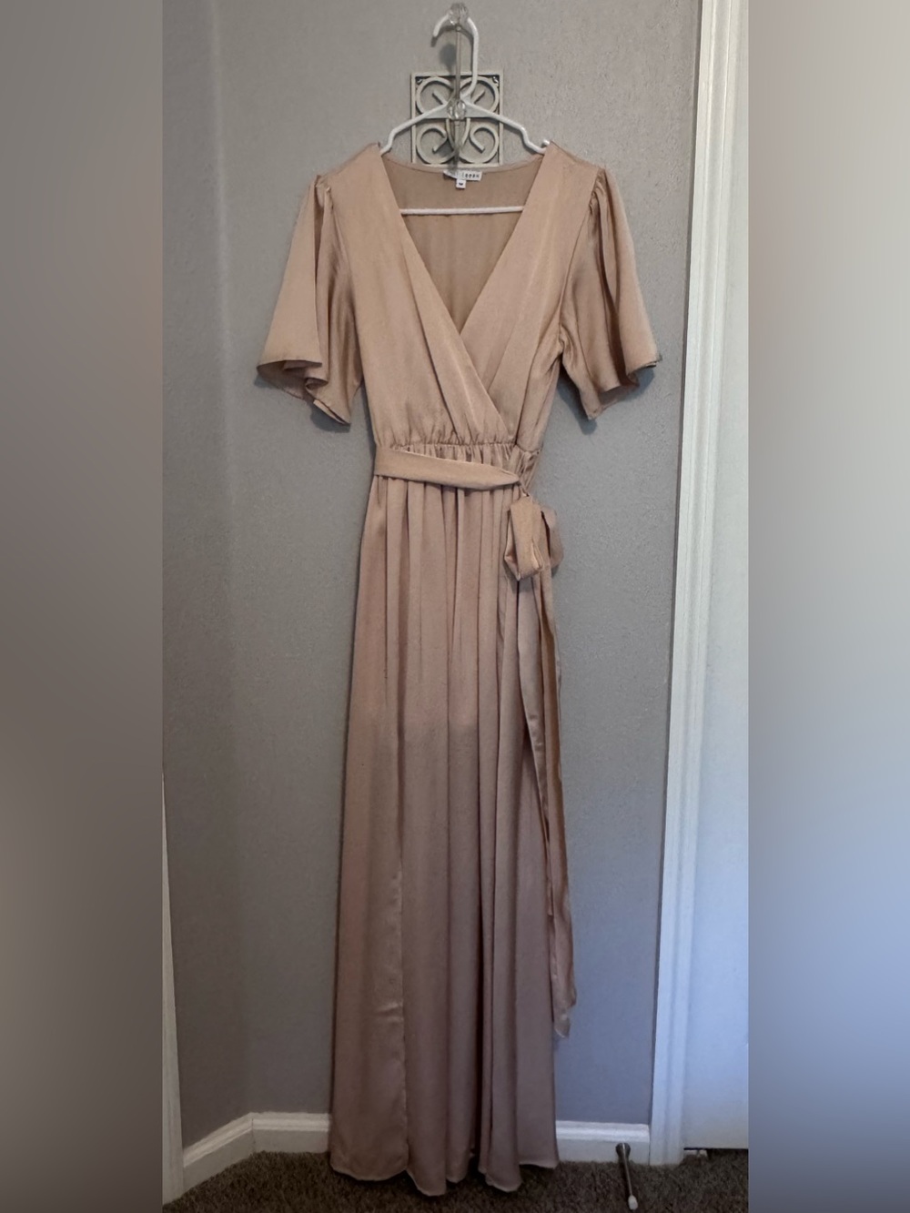 Baltic Born Taupe Wrap Maxi Dress with Flutter Sleeves and side slit Sz M